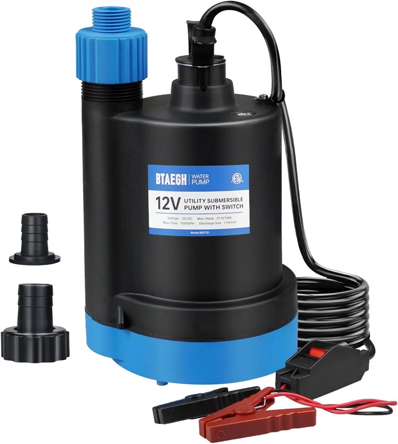 BTAEGH 12V Submersible Water Pump 1500GPH Small Sump Pump Thermoplastic Portable Transfer Utility Pump Clean for Swimming Pool Basement Garden Pond - Image 1